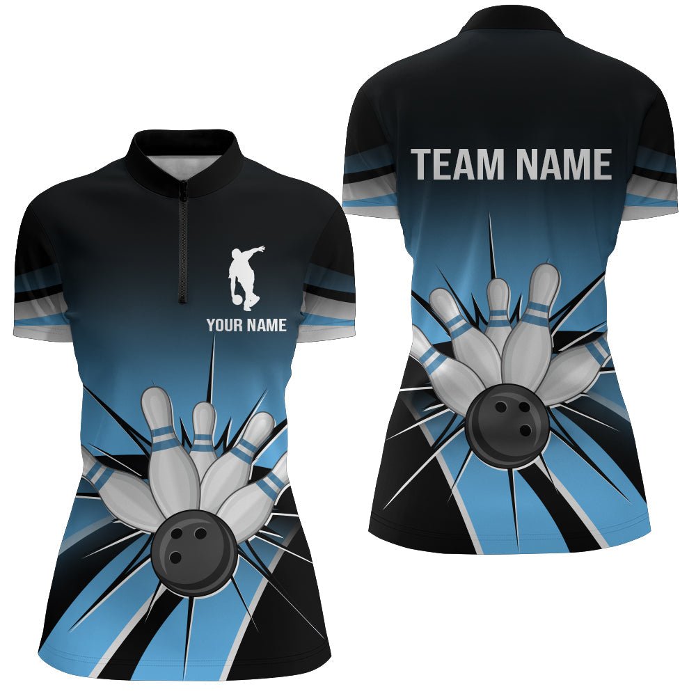 Schwarzes & Blaues Bowling Quarter-Zip Shirt - Vintage Personalisiertes Bowling Trikot für Damen - Bowling Team Liga Shirt D121 - Climcat