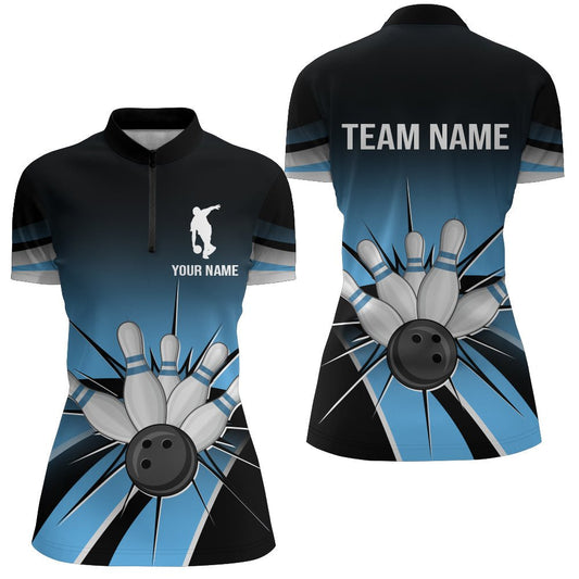 Schwarzes & Blaues Bowling Quarter-Zip Shirt - Vintage Personalisiertes Bowling Trikot für Damen - Bowling Team Liga Shirt D121 - Climcat
