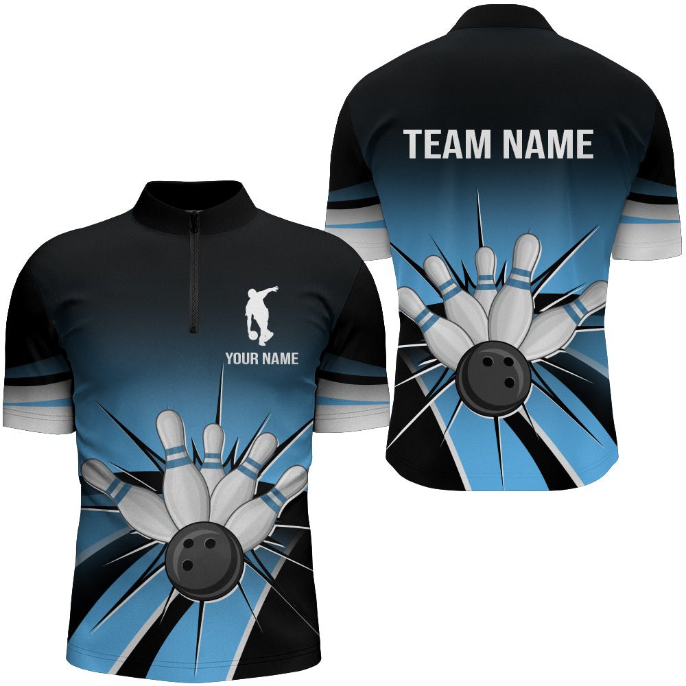 Schwarzes & Blaues Bowling Quarter-Zip Shirt - Vintage Personalisiertes Bowling Trikot für Herren - Bowling Team Liga Shirt D120 - Climcat