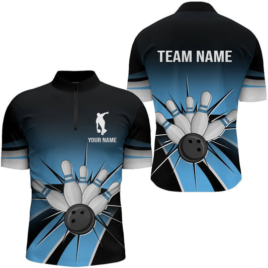 Schwarzes & Blaues Bowling Quarter-Zip Shirt - Vintage Personalisiertes Bowling Trikot für Herren - Bowling Team Liga Shirt D120 - Climcat