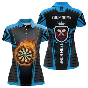 Schwarzes blaues Damen-Dartshirt mit Flammenmotiv, individuell anpassbares cooles Dartshirt für Frauen, Darttrikot L612 - Climcat