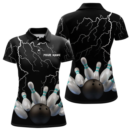 Schwarzes Blitzgewitter - Individuelles Damen Bowling Polo Shirt - Bowlingkugeln und Pins - Team Trikots Q6425 - Climcat