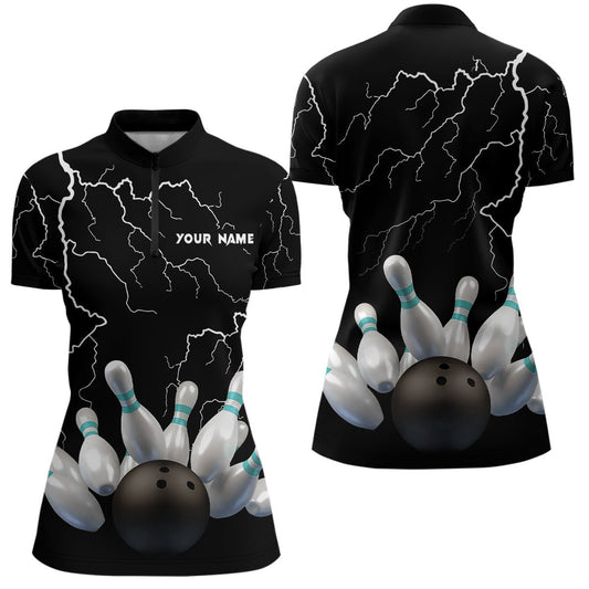 Schwarzes Blitzgewitter - Individuelles Damen-Bowling-Quarter-Zip-Shirt mit Bowlingkugeln und Pins - Teamtrikots Q6425 - Climcat