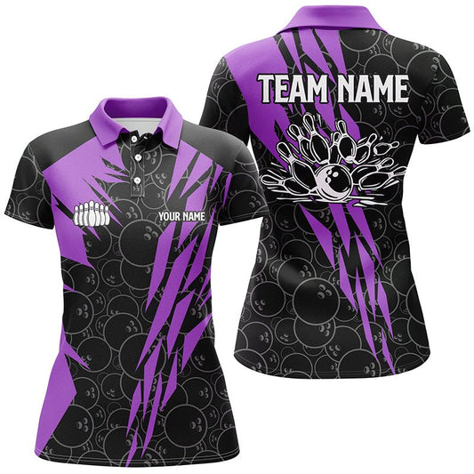Schwarzes Bowling-Camo Damen Bowling Polo Shirt | Individuelle Bowling Strike Team Liga Trikots | Lila Q6773 - Climcat