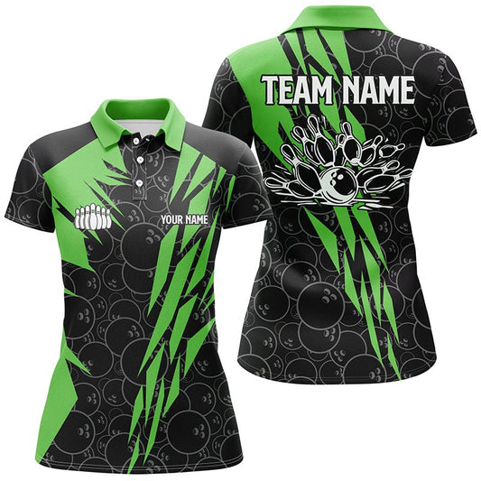 Schwarzes Bowling-Camo Damen Bowling Polo Shirt | Maßgeschneiderte Bowling Strike Team Liga Trikots | Grün Q6772 - Climcat