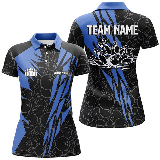 Schwarzes Bowling-Camo Damen Bowling Polo Shirt | Personalisiertes Bowling Strike Team Liga Trikot | Blau Q6771 - Climcat