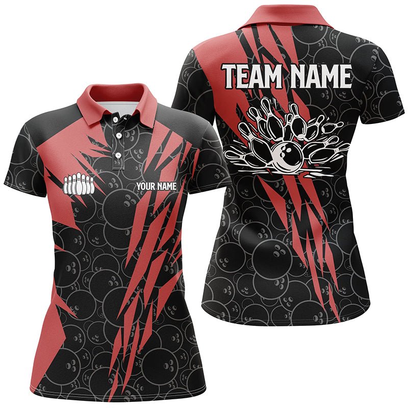 Schwarzes Bowling-Camo Damen Bowling Polo Shirt | Personalisiertes Bowling Strike Team Liga Trikot | Rot Q6343 - Climcat