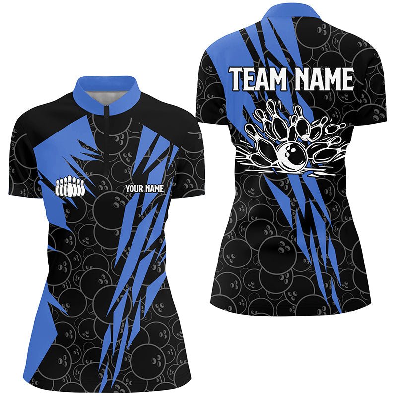 Schwarzes Bowling-Camo Damen Bowling Quarter Zip Shirt | Individuelles Bowling Strike Team Liga Trikot | Blau Q6771 - Climcat
