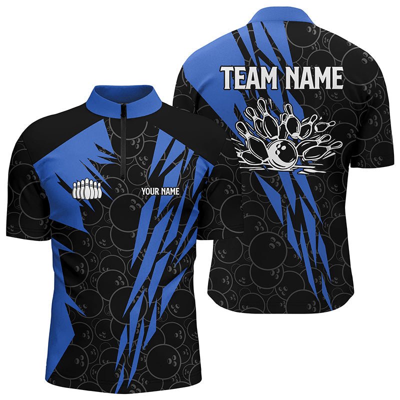 Schwarzes Bowling-Camo-Herren-Bowling-Quarter-Zip-Shirt | Personalisiertes Bowling-Strike-Team-Liga-Trikot | Blau Q6771 - Climcat