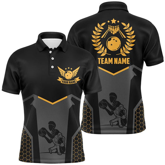 Schwarzes Bowlingtrikot für Herren | Personalisiertes Retro-Bowling-Poloshirt für Team-Bowler | Gelb Q6673 - Climcat