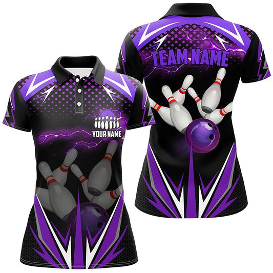 Schwarzes Damen Bowling Polo Shirt - Individuell gestaltbares lila Blitz Team - Damen Bowlers Trikots - Bowling Outfits Q6590 - Climcat