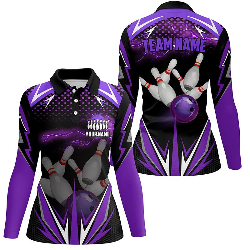 Schwarzes Damen Bowling Polo Shirt - Individuell gestaltbares lila Blitz Team - Damen Bowlers Trikots - Bowling Outfits Q6590 - Climcat