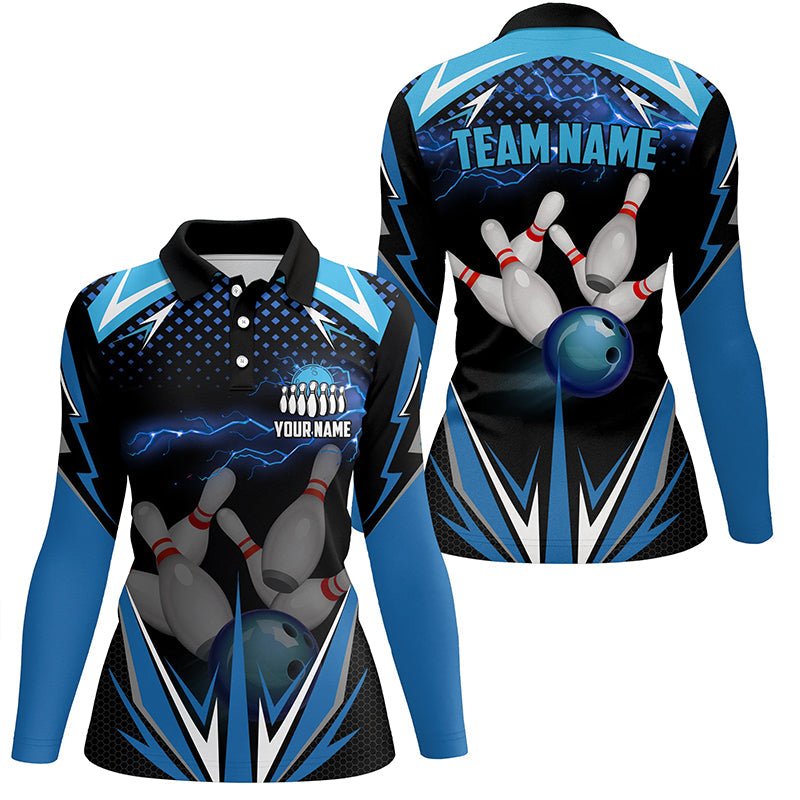 Schwarzes Damen Bowling Polo Shirt - Individuell gestaltetes blaues Blitzteam - Damen Bowlers Trikots - Bowling Outfits Q6506 - Climcat