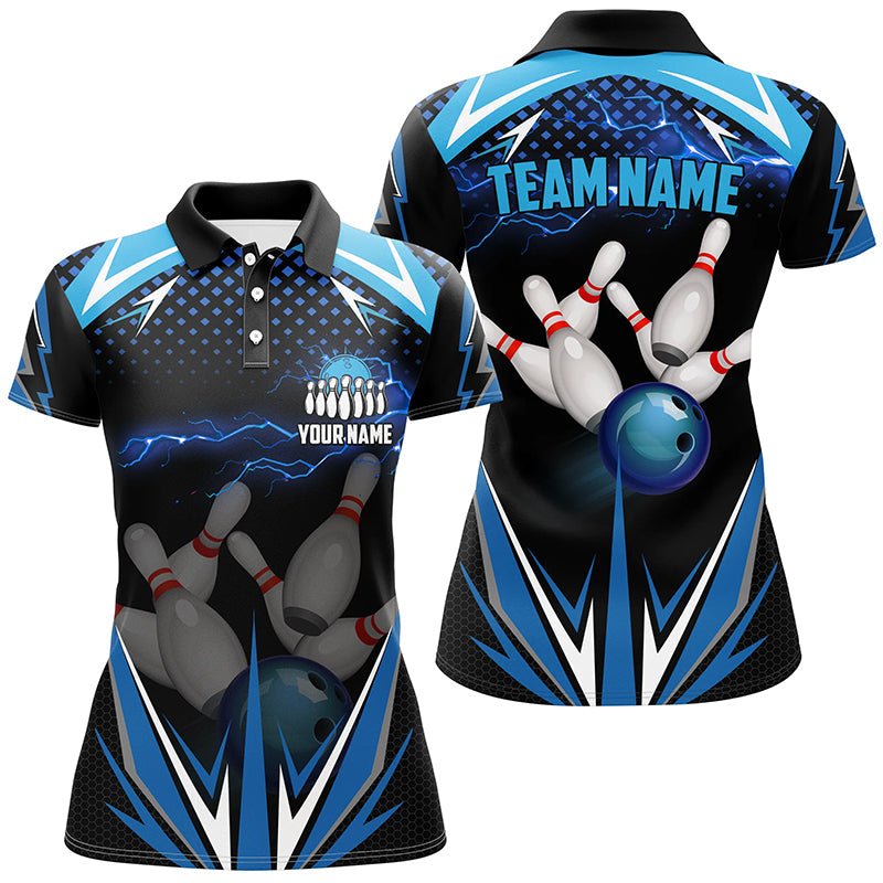 Schwarzes Damen Bowling Polo Shirt - Individuell gestaltetes blaues Blitzteam - Damen Bowlers Trikots - Bowling Outfits Q6506 - Climcat