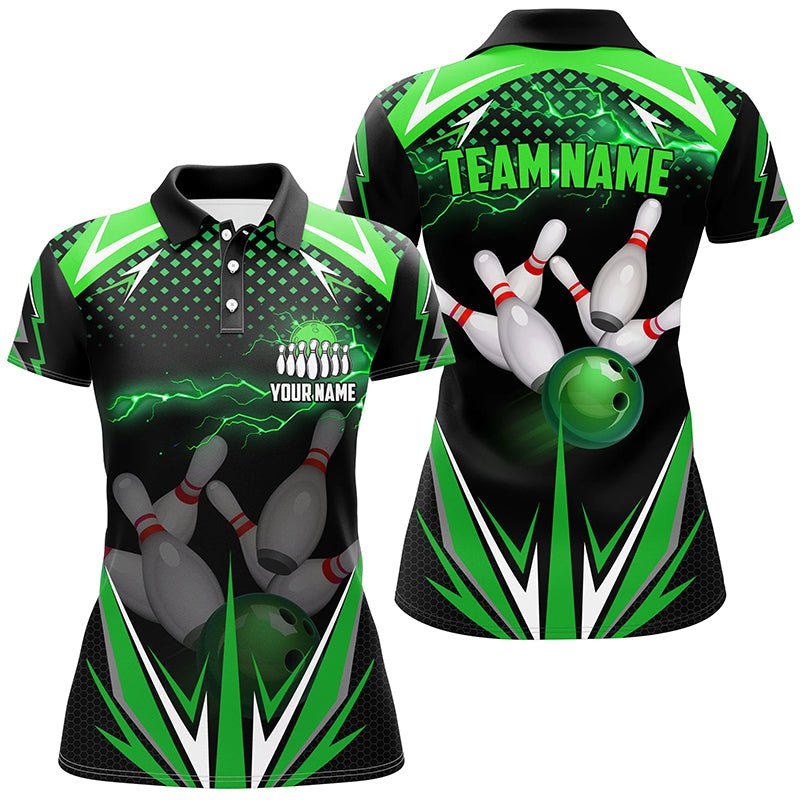 Schwarzes Damen Bowling Polo Shirt - Individuell gestaltetes grünes Blitzteam - Damen Bowlers Trikots - Bowling Outfits Q6589 - Climcat