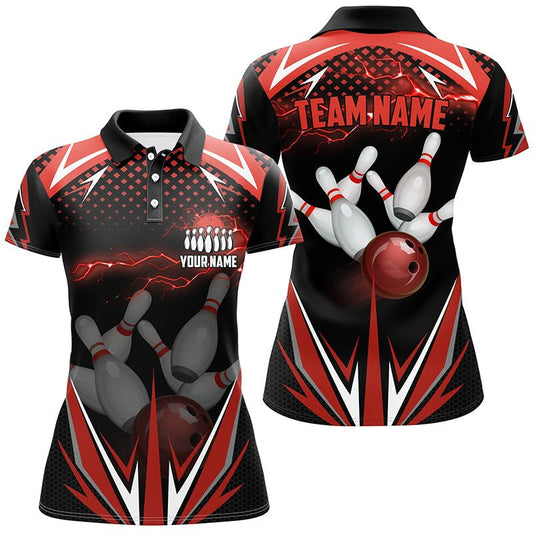 Schwarzes Damen Bowling Polo Shirt - Individuell gestaltetes rotes Blitzteam - Damen Bowlers Trikots - Bowling Outfits Q6588 - Climcat