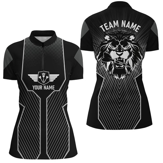 Schwarzes Damen Dart-Quarter-Zip-Shirt mit individuellem Löwenmotiv, cooles Dart-Teamtrikot, Dartgeschenke I571 - Climcat