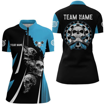 Schwarzes Damen Dart-Quarter-Zip-Shirt mit personalisiertem Skull Strike Motiv, blaue Skull Dart Trikots W807 - Climcat