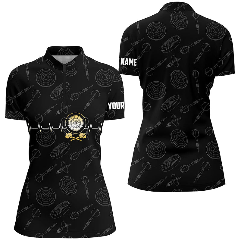 Schwarzes Damen Dart-Shirt mit Herzschlag-Muster, individuell anpassbares 1/4 Zip Dart-Trikot Z93 - Climcat