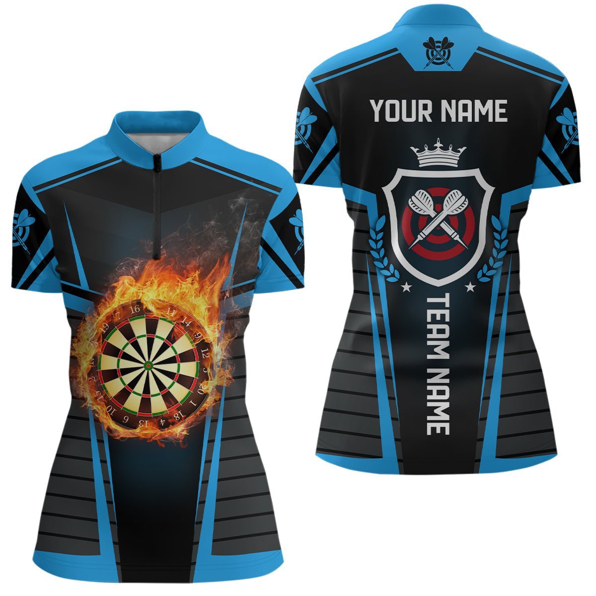 Schwarzes Damen Darts-Shirt mit Flammenmotiv, individuell anpassbares 1/4 Zip Darts-Trikot E99 - Climcat