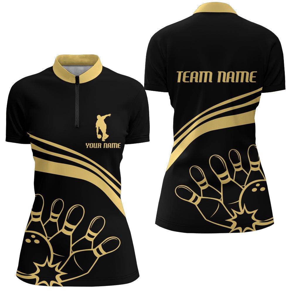 Schwarzes & Gold Bowling Quarter-Zip Shirt für Damen | Personalisiertes Bowling Trikot | Vintage Bowling Team Liga Shirt D117 - Climcat