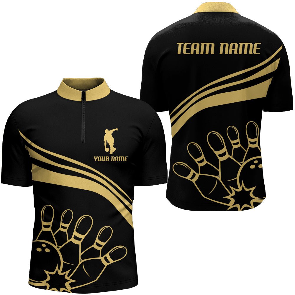 Schwarzes & Gold Bowling Quarter-Zip Shirt für Herren | Personalisiertes Bowling Trikot | Vintage Bowling Team Liga Shirt D116 - Climcat