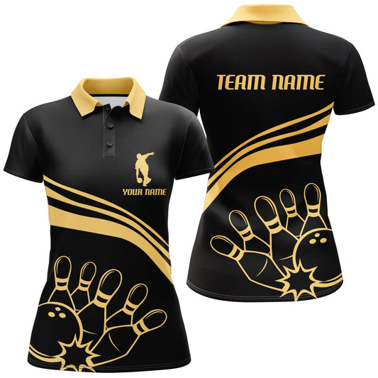 Schwarzes & Goldenes Bowling Polo Shirt für Damen - Personalisiertes Bowling Trikot für Vintage Bowling Team Liga - D115 - Climcat