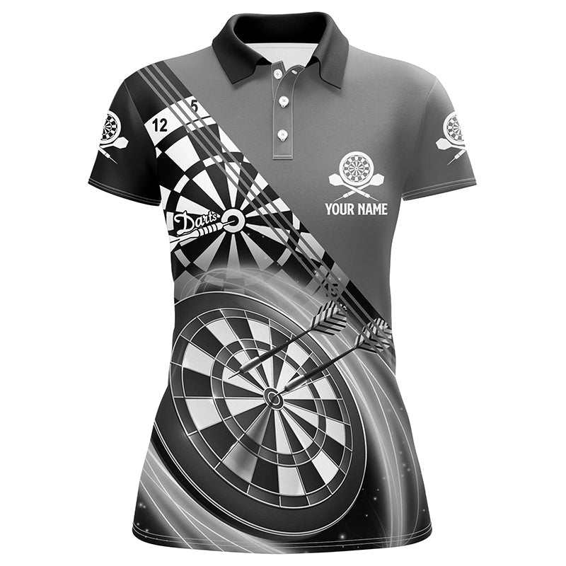 Schwarzes Graues Damen Darts Polo Shirt mit Namen, individuell angefertigte Darts Shirts für Frauen, Dart Trikots H713 - Climcat