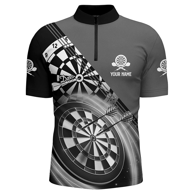 Schwarzes graues Darts-Quarter-Zip-Shirt mit individuellem Namen, maßgeschneiderte Darts-Shirts für Herren, Dart-Trikots M940 - Climcat