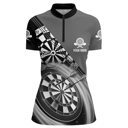 Schwarzes graues Darts-Quarter-Zip-Shirt mit Namen, individuell angepasstes Darts-Shirt für Frauen, Dart-Trikots R447 - Climcat