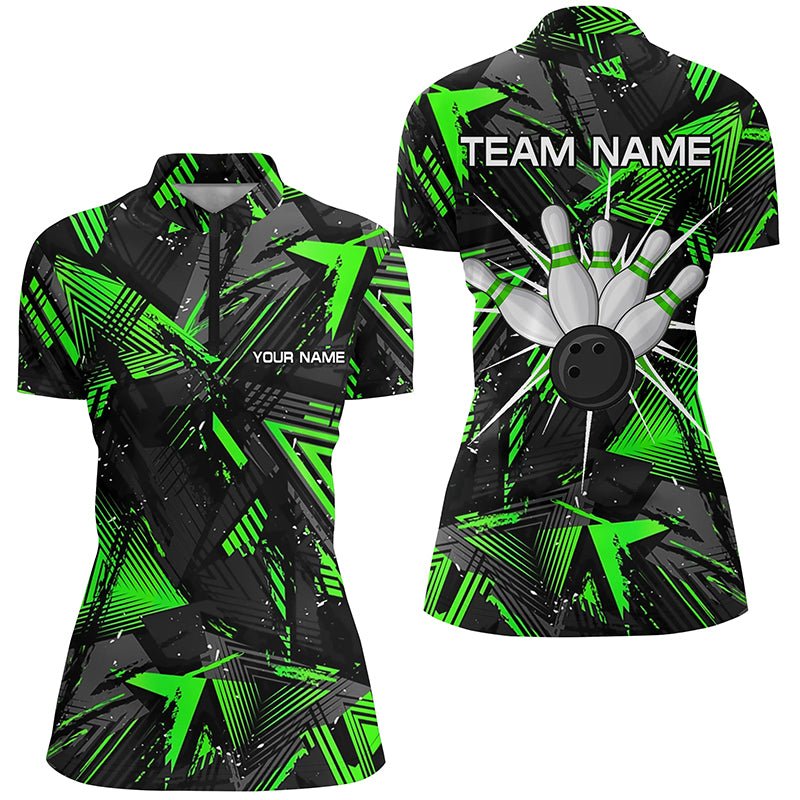 Schwarzes grünes Camouflage Bowling Quarter-Zip Shirt für Damen, Personalisierte Bowling Team Shirts Jerseys Q6871 - Climcat