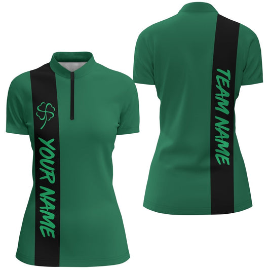 Schwarzes grünes Retro-Glück Damen Bowling Quarter Zip Shirt - Maßgeschneidertes St. Patrick's Day Team Bowling Trikot Q7044 - Climcat