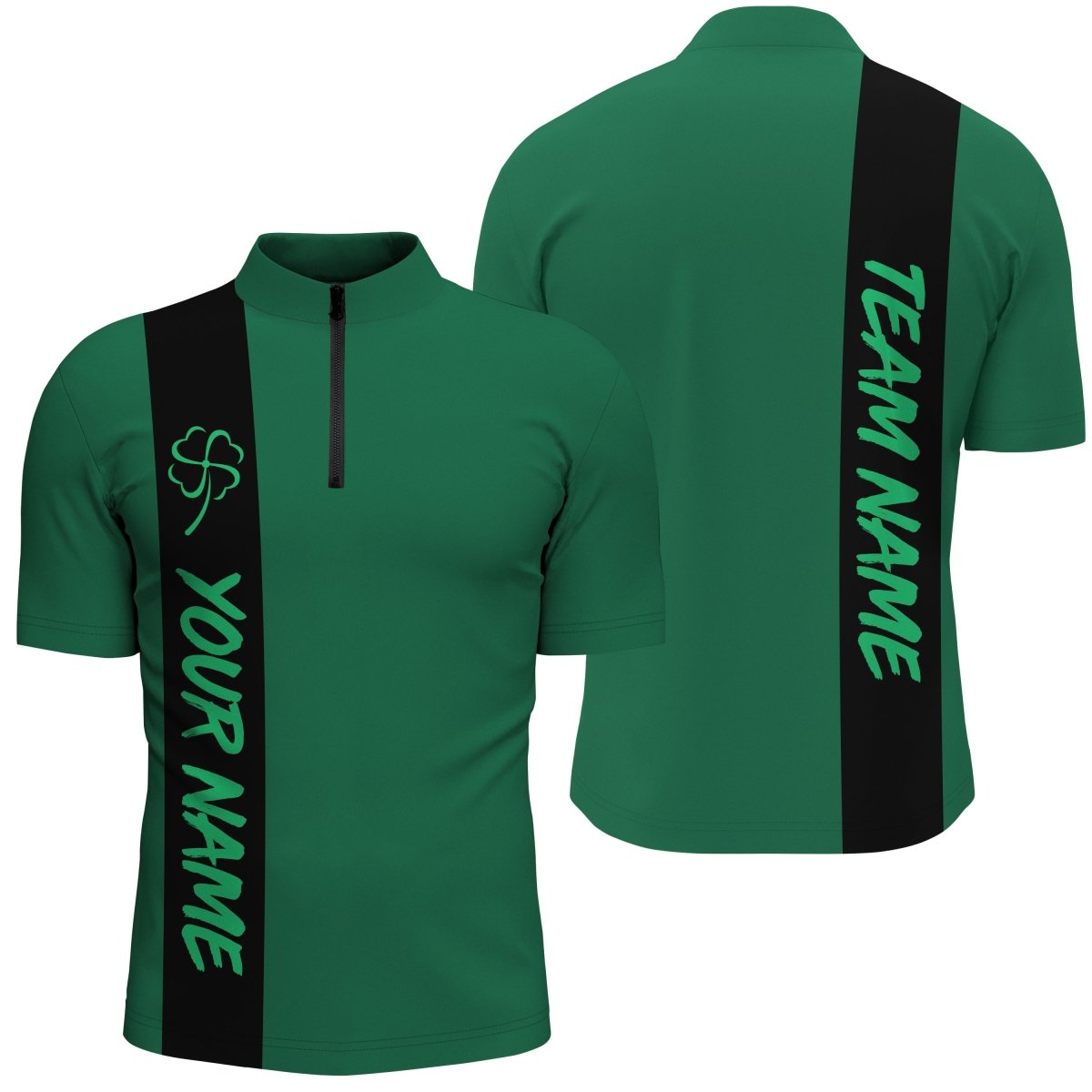 Schwarzes grünes Retro-Glück Herren Bowling Quarter Zip Shirt - Individuelles St. Patrick's Day Team Liga Bowling Trikot Q7044 - Climcat