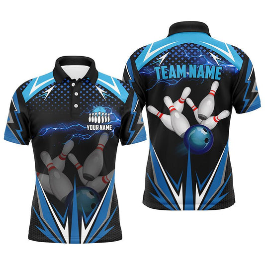 Schwarzes Herren Bowling Polo Shirt - Individuell gestaltetes blaues Blitzteam - Herren Bowlers Trikots - Bowling Outfits Q6506 - Climcat