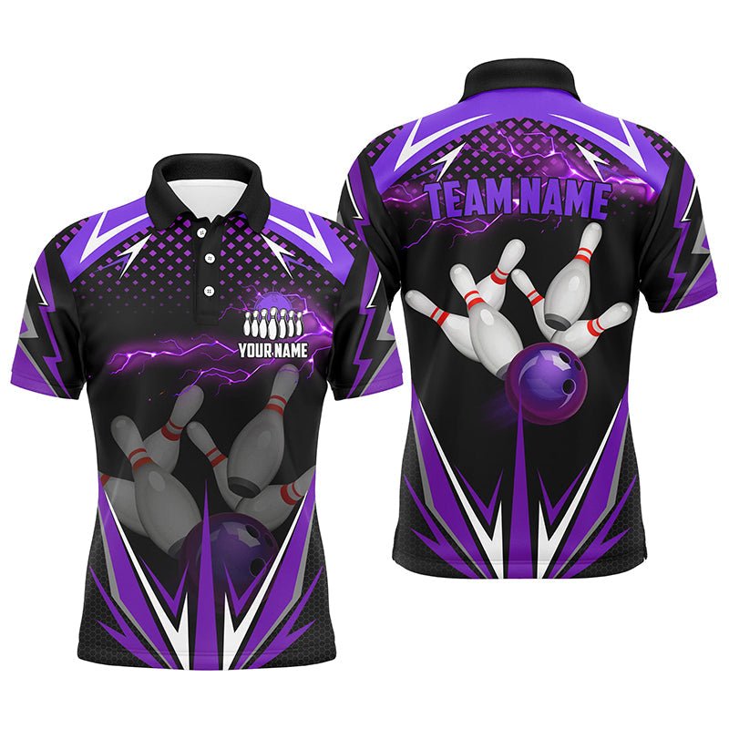 Schwarzes Herren Bowling Polo Shirt - Individuell gestaltetes Bowling-Trikot für Herren mit lila Blitz - Team Mens Bowlers Jerseys - Bowling Outfits Q6590 - Climcat
