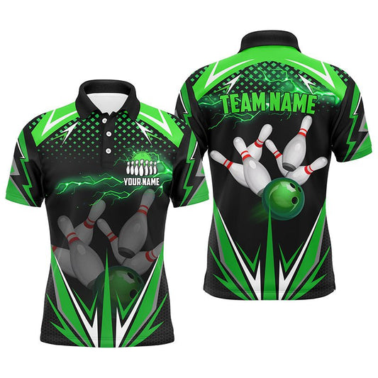 Schwarzes Herren Bowling Polo Shirt - Individuell gestaltetes grünes Blitzteam - Herren Bowlers Trikots - Bowling Outfits Q6589 - Climcat