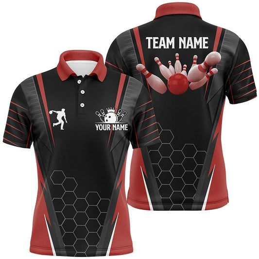 Schwarzes Herren Bowling Polo Shirt mit individuellem Namen | Männer Bowlers Jersey, Team Bowling Outfits | Rot Q5936 - Climcat