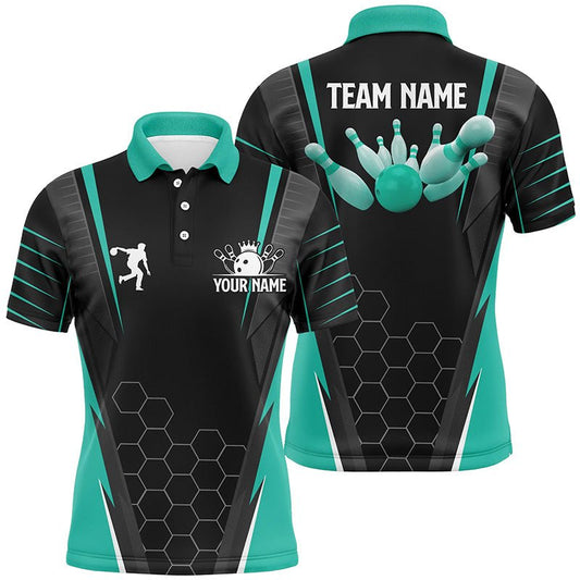 Schwarzes Herren Bowling Polo Shirt mit individuellem Namen | Männer Bowlers Jersey, Team Bowling Outfits | Türkis Q6505 - Climcat