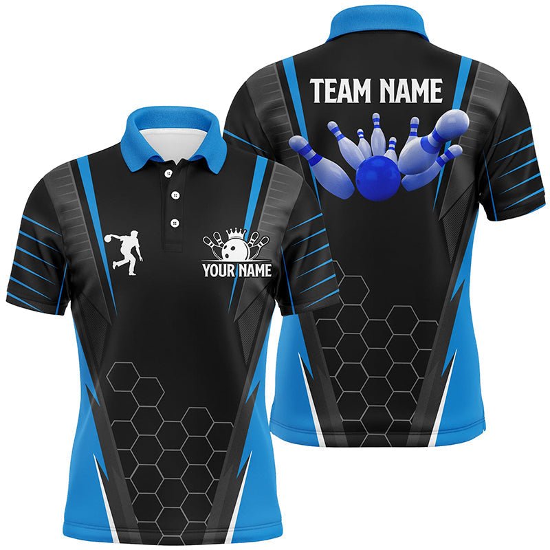 Schwarzes Herren Bowling Polo Shirt mit individuellem Namen | Männer Bowlers Trikot, Team Bowling Outfits | Blau Q6133 - Climcat