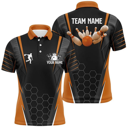 Schwarzes Herren Bowling Polo Shirt mit individuellem Namen | Männer Bowlers Trikot, Team Bowling Outfits | Orange Q6503 - Climcat