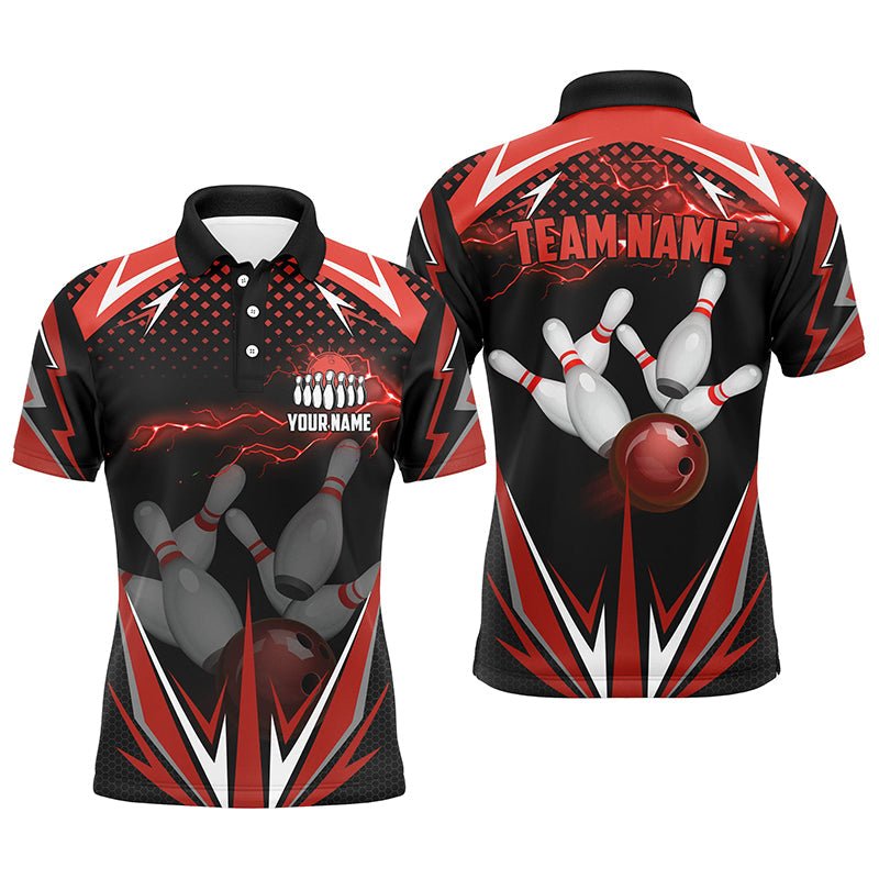 Schwarzes Herren Bowling Polo Shirt mit individuellem rotem Blitz-Team - Herren Bowlers Trikots - Bowling Outfits Q6588 - Climcat