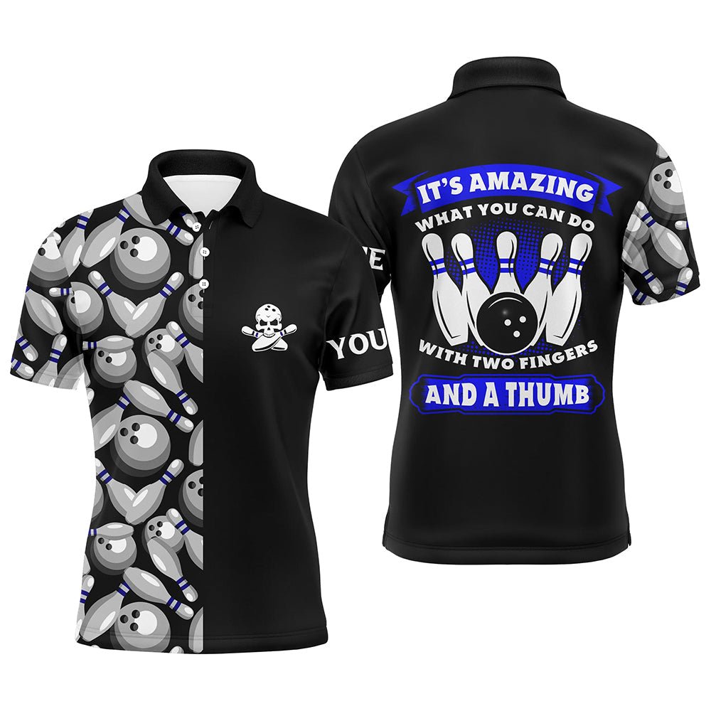 Schwarzes Herren Bowling Polo Shirt mit Totenkopf - Individuell gestaltbar. Zeigen Sie, was Sie mit zwei Fingern und einem Daumen erreichen können! Q6829 - Climcat