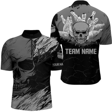 Schwarzes Herren Bowling-Shirt mit Totenkopf-Motiv, individuell anpassbares 1/4 Zip Bowling-Team-Trikot - Climcat