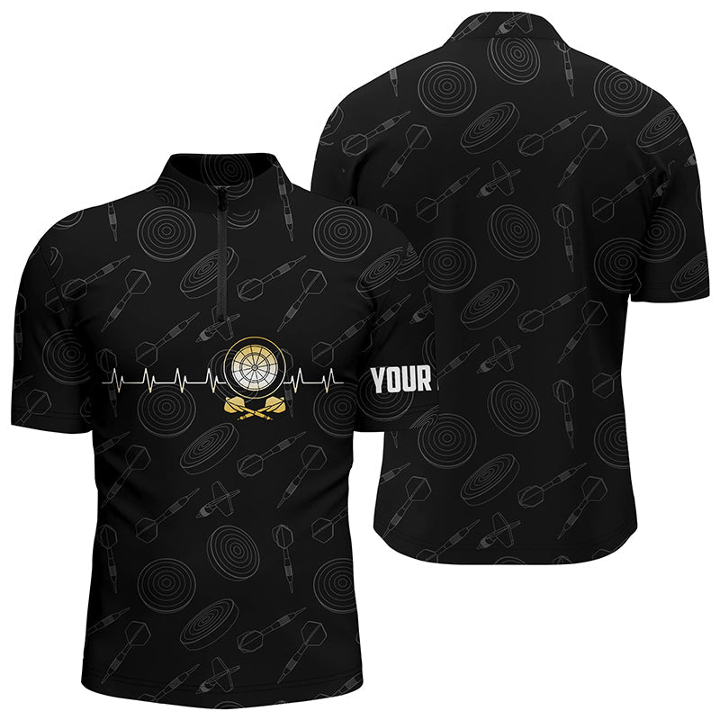 Schwarzes Herren Dart-Shirt mit Herzschlag-Muster, individuell anpassbares 1/4 Zip Dart-Trikot A162 - Climcat
