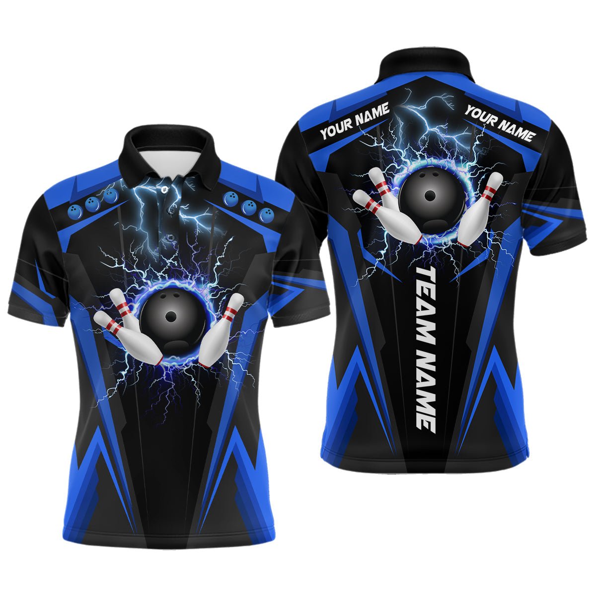 Schwarzes Herren Polo Bowling Shirt | Individuell gestaltete Blitz- und Donner-Team-Liga Bowling Trikots | Blau Q6676 - Climcat