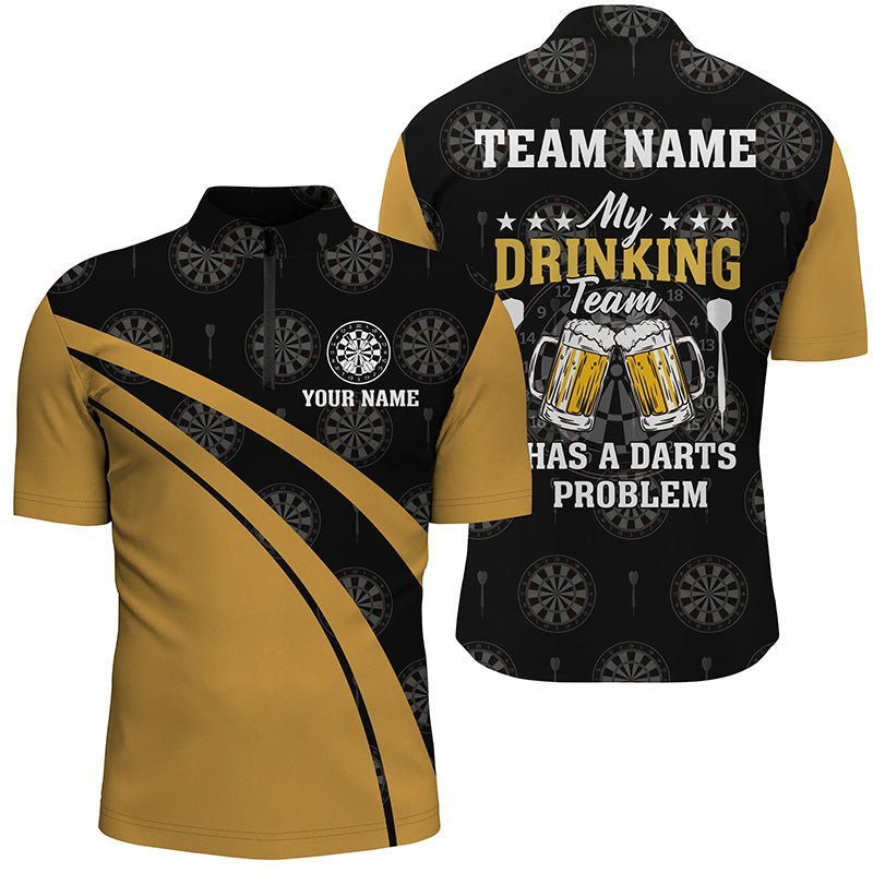 Schwarzes Herren-Quarter-Zip-Shirt für mein Trinkteam mit Bier-Darts, individuell anpassbares Darts-Trikot in Schwarz und Gelb F489 - Climcat