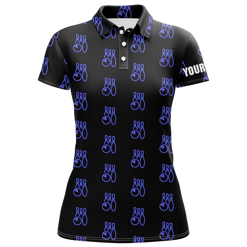 Schwarzes Neon Bowling nahtloses Muster Personalisiertes Damen Bowling Polo Shirt, Bowling Team Liga Trikots Q6761 - Climcat