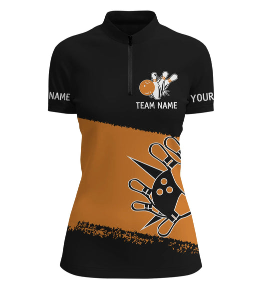 Schwarzes orangefarbenes Bowlingkugeln und Pins individuelles Bowling-Quarter-Zip-Shirt für Frauen, Team-Bowlingtrikots Q4769 - Climcat