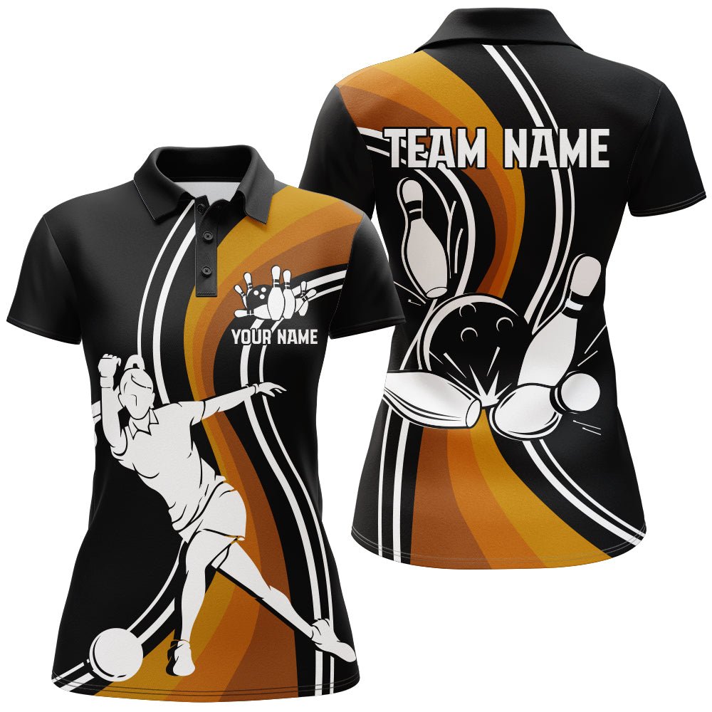 Schwarzes & Oranges Bowling-Trikot für Damen - Personalisiertes Bowling-Polo-Shirt für Bowling-Team-Liga - D127 - Climcat