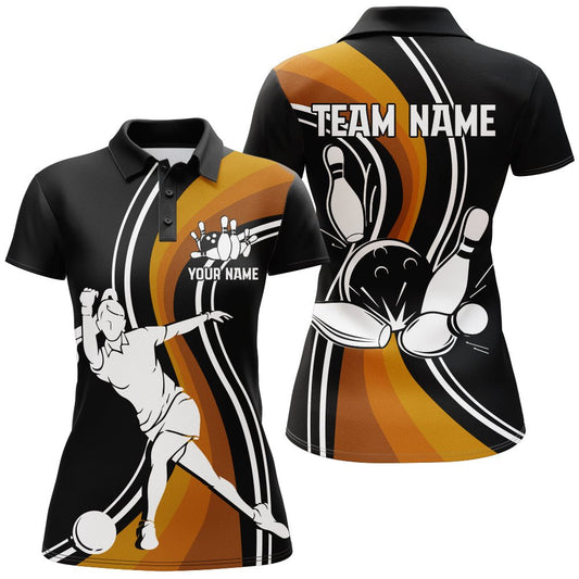 Schwarzes & Oranges Bowling-Trikot für Damen - Personalisiertes Bowling-Polo-Shirt für Bowling-Team-Liga - D127 - Climcat